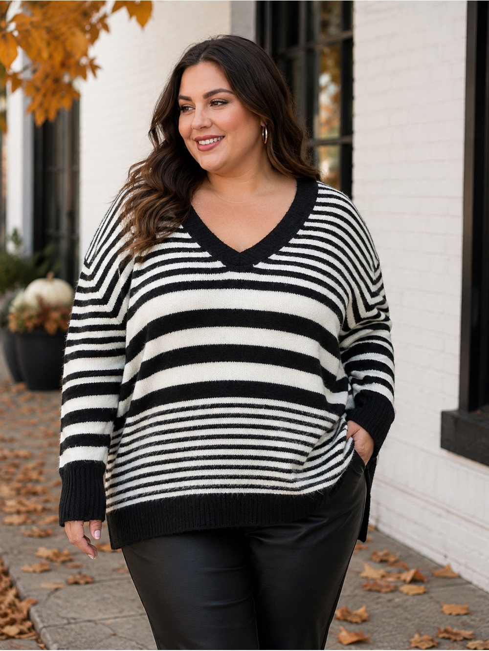Ava & Viv Sweater Stripe Black Fuzzy VNeck Pullover Tunic NWT